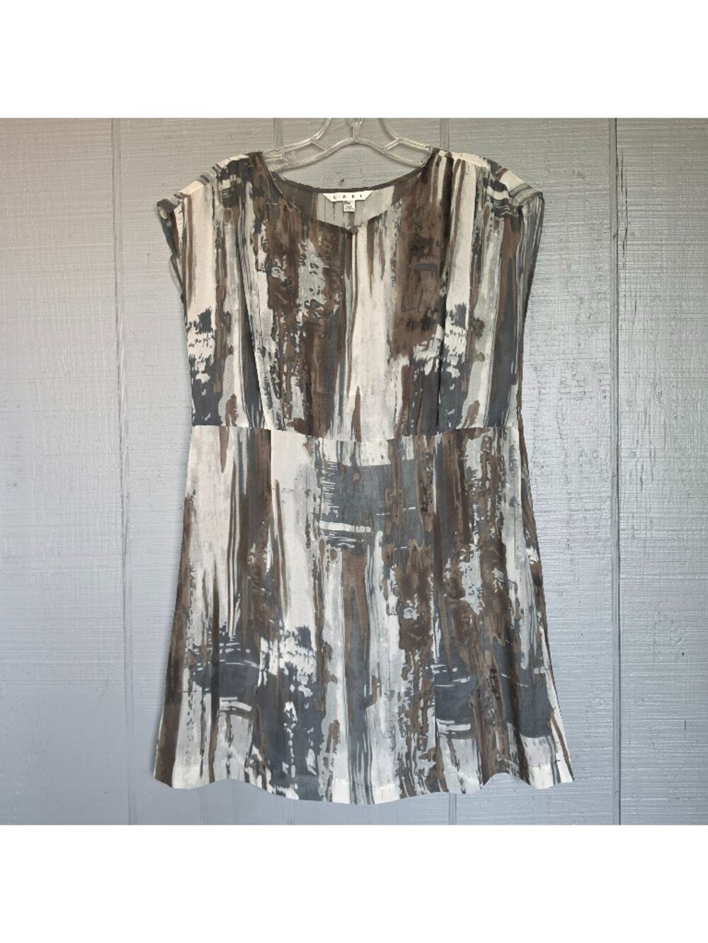 Cabi Abstract Print Tunic Sheer Cap Sleeve Brown Gray Ivory Top Career. Size M